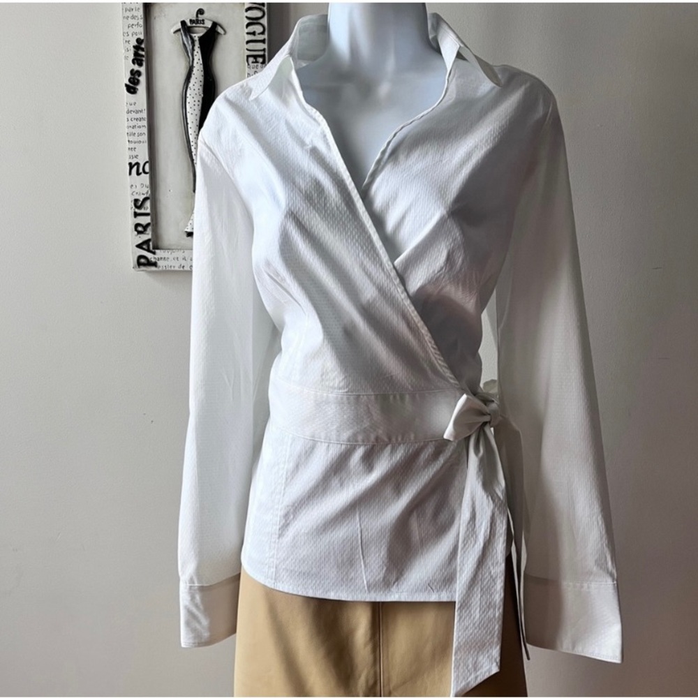 Ann Taylor LOFT White Cotton Long Sleeve Wrap Blouse Size 12